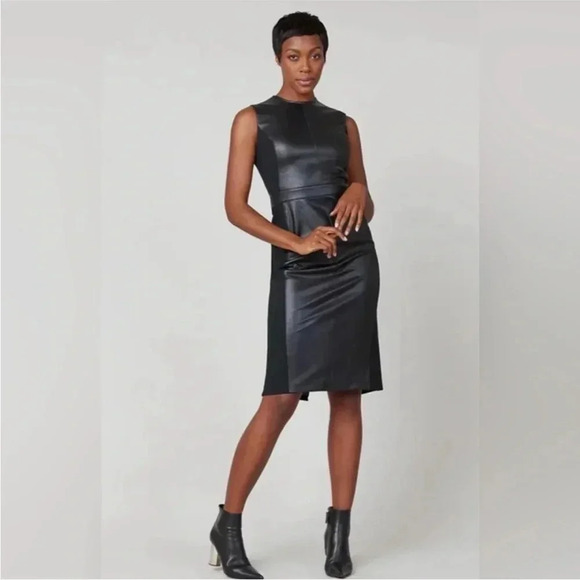 NWT SPANX Leather-like Combination Fitted Sheath Dress Sleeveless Luxe Black L - Picture 1 of 11
